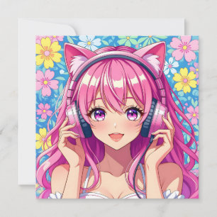 Personalized Anime Girl with Headphones Birthday Card