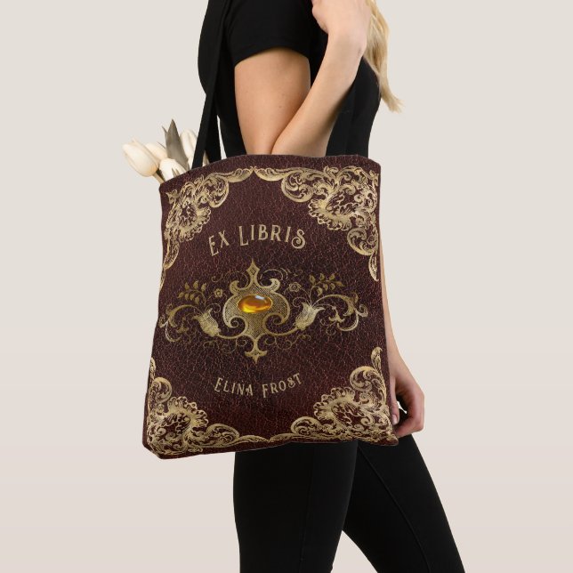 Personalized Antique Ex Libris Bookplate Polyester Tote Bag (Close Up)