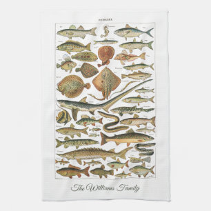 Personalized antique French Under-the-sea fish Tea Towel