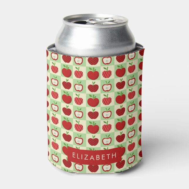 Personalized Apple Fall Check Cozy Teacher Cute Can Cooler (Can Front)