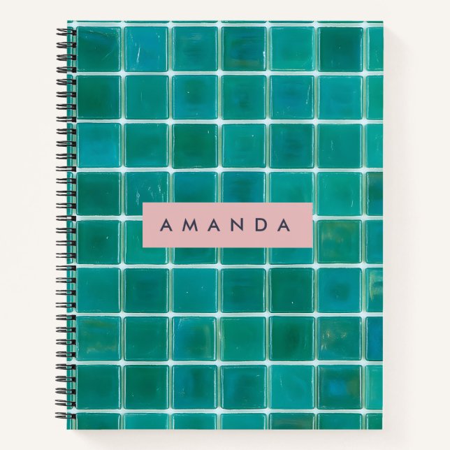 Personalized Aqua Blue Glass Mosaic Tile Notebook (Front)