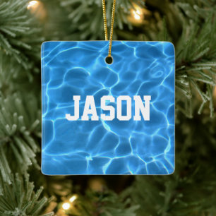 Personalized Aqua Blue Swimmer or Diver Photo Ceramic Ornament