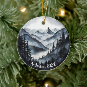 Personalized Aquarelle Watercolor Mountain Scene  Ceramic Tree Decoration