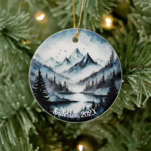Personalized Aquarelle Watercolor Mountain Scene  Ceramic Tree Decoration