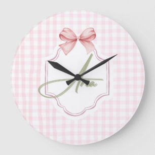 Personalized Aria Baby Girl Nursery Bow&Gingham Large Clock