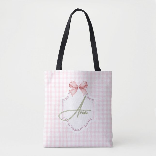 Personalized Aria Baby Girl Nursery Bow&Gingham  Tote Bag (Front)