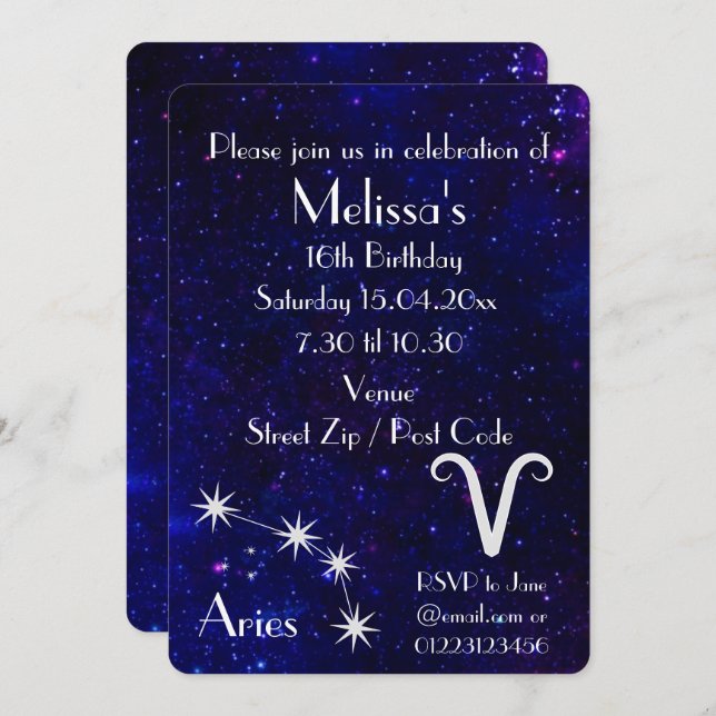 Personalized Aries Zodiac Galaxy Party Invitation (Front/Back)