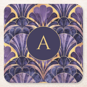 Personalized Art Deco Monogram Elegant Purple Gold Square Paper Coaster