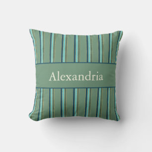 Personalized Art Deco Sage, Teal & Gold Stripes Cushion