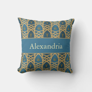 Personalized Art Deco Teal & Gold Geometric Name Cushion