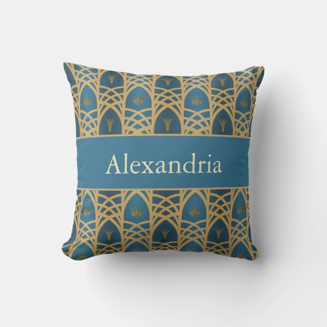 Personalized Art Deco Teal & Gold Geometric Name  Cushion (Front)