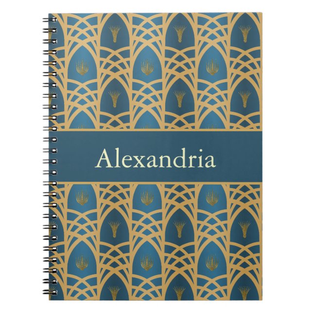 Personalized Art Deco Teal & Gold Geometric Name  Notebook (Front)