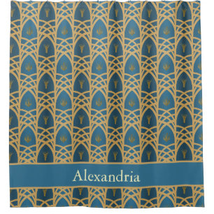 Personalized Art Deco Teal & Gold Geometric Name Shower Curtain