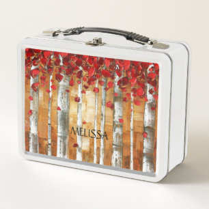 Personalized Artistic Romantic Red Leaves Birch Metal Lunch Box