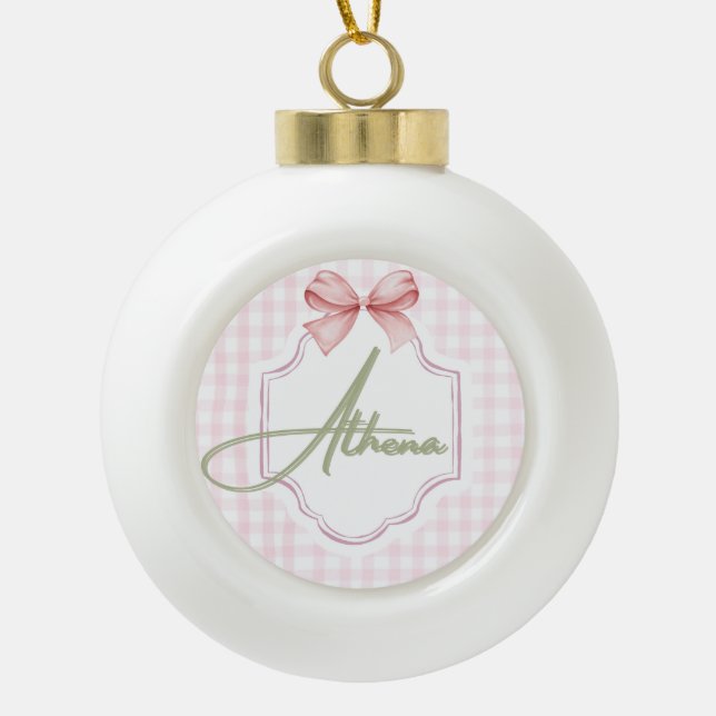 Personalized Athena Baby Girl Nursery Bow&Gingham Ceramic Ball Christmas Ornament (Front)