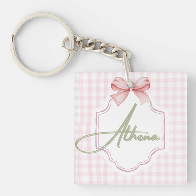 Personalized Athena Baby Girl Nursery Bow&Gingham Key Ring (Front)