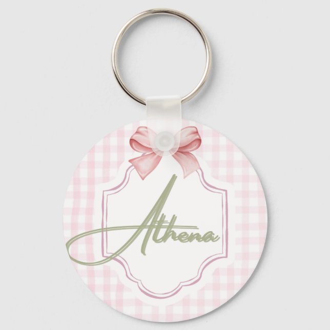 Personalized Athena Baby Girl Nursery Bow&Gingham Key Ring (Front)