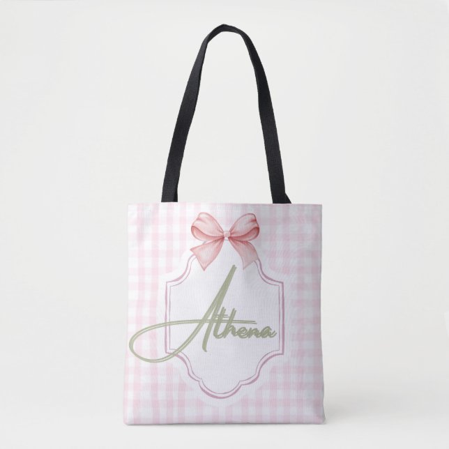 Personalized Athena Baby Girl Nursery Bow&Gingham Tote Bag (Front)