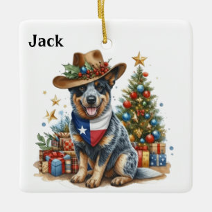 Personalized Australian Cattle Dog With Texas Flag Ceramic Ornament