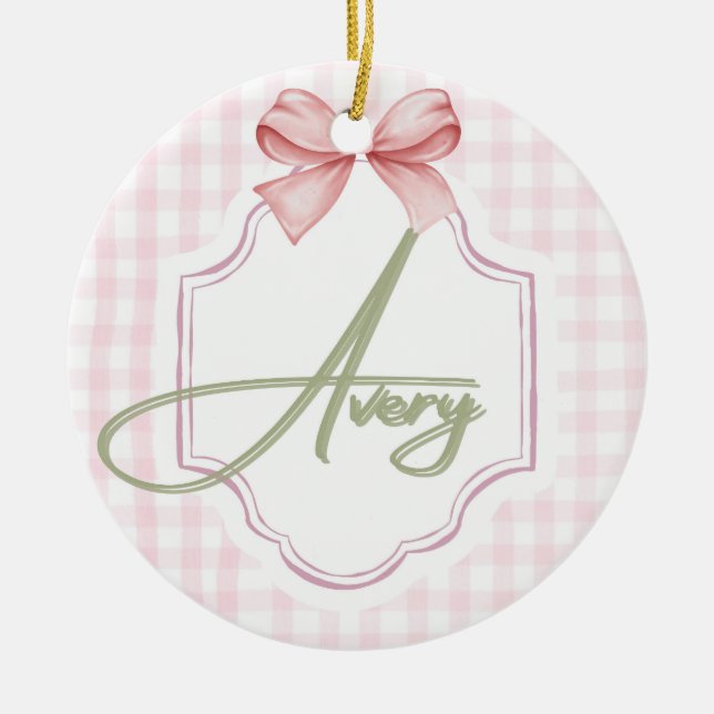 Personalized Avery Baby Girl Nursery Bow&Gingham  Ceramic Tree Decoration (Front)