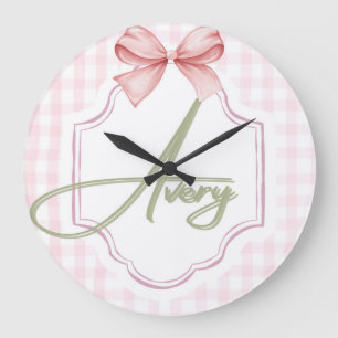 Personalized Avery Baby Girl Nursery Bow&Gingham Large Clock