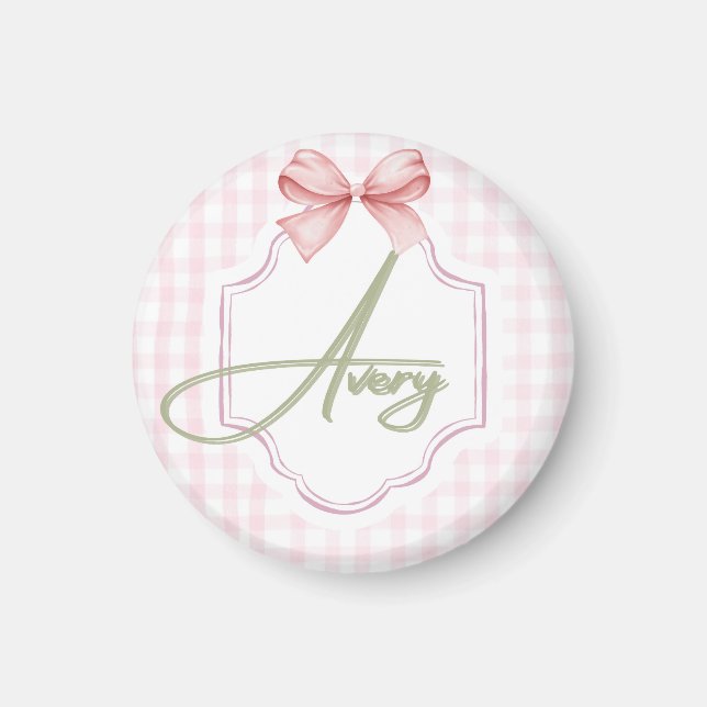 Personalized Avery Baby Girl Nursery Bow&Gingham  Magnet (Front)