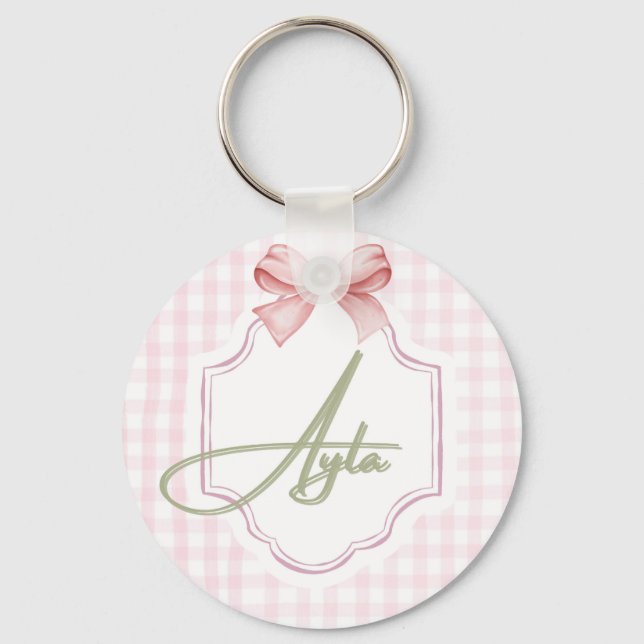 Personalized Ayla Baby Girl Nursery Bow&Gingham  Key Ring (Front)