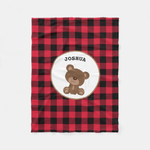 Personalized Baby Bear Buffalo Plaid Lumberjack Fleece Blanket