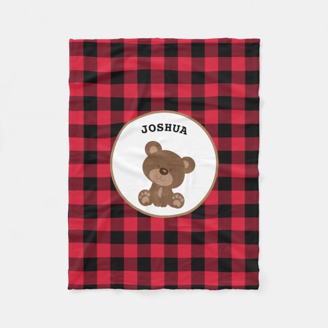 Personalized Baby Bear Buffalo Plaid Lumberjack Fleece Blanket (Front)