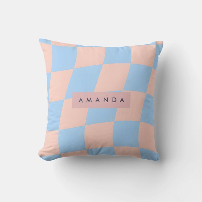 Personalized Baby Blue and Peach Wavy Checkered Cushion (Front)