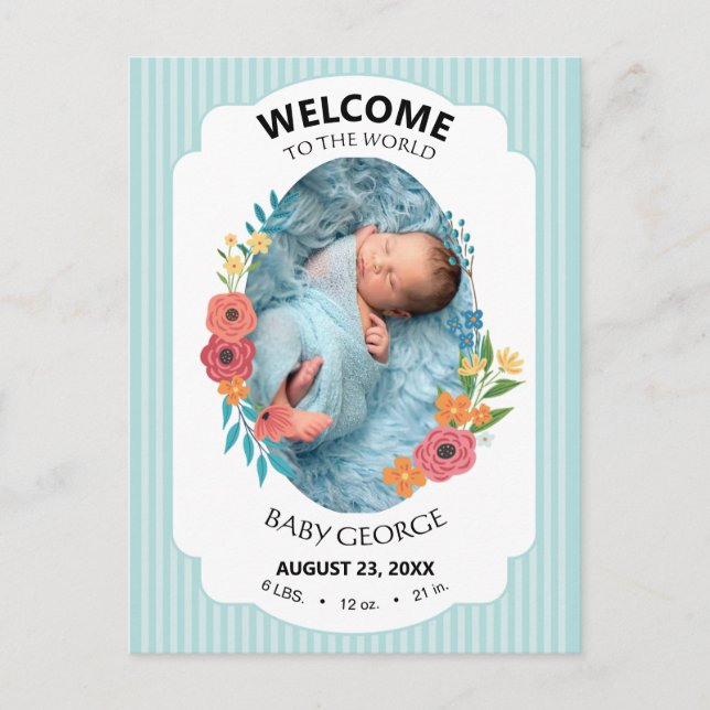 personalized baby blue floral Birth announcements Postcard (Front)