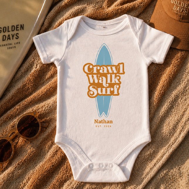 Personalized Baby Bodysuit, Crawl Walk Surf Summer Bodysuit (Creator Uploaded)