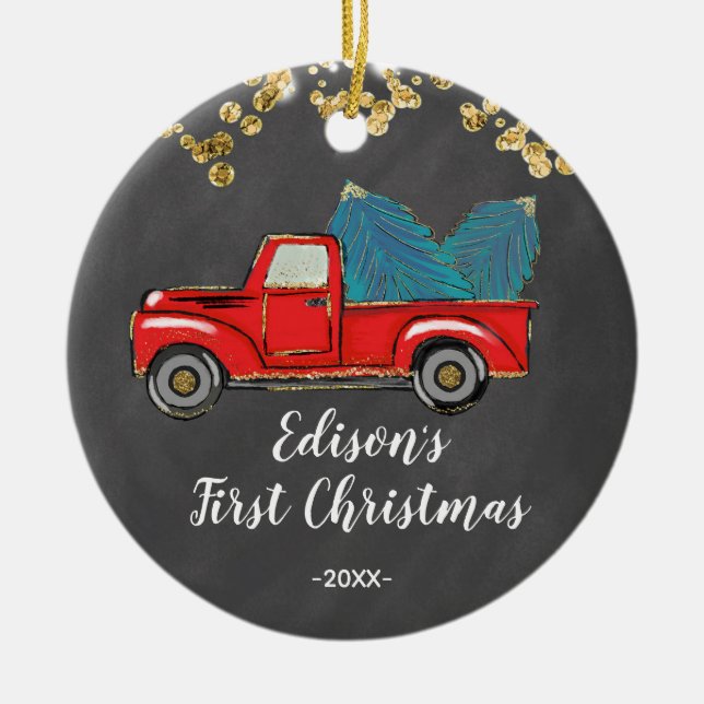 Personalized Baby Boy's First Christmas Ceramic Tree Decoration (Front)