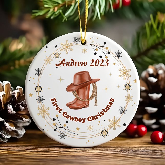 Personalized Baby Cowboy First Christmas  Ceramic Tree Decoration (Creator Uploaded)