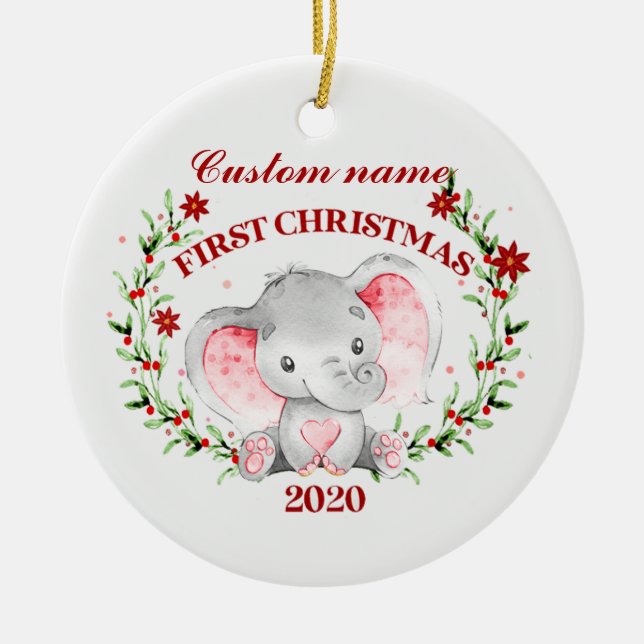 Personalized Baby Elephant 2020 first Christmas Ceramic Tree Decoration (Front)