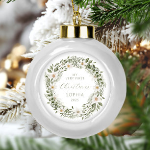 Personalized Baby First Christmas Forest Wreath Ceramic Ball Christmas Ornament