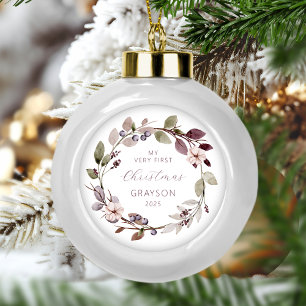 Personalized Baby First Christmas Purple Wreath Ceramic Ball Christmas Ornament