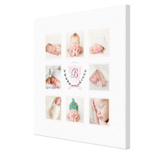 PERSONALIZED BABY GIRL PHOTO COLLAGE WITH WREATH CANVAS PRINT