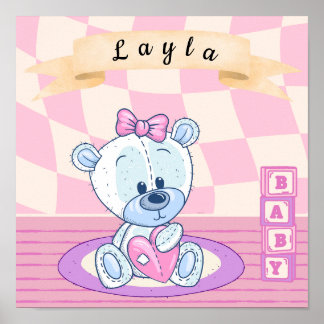 Personalized Baby Girl Teddy Bear Nursery Poster