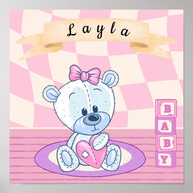 Personalized Baby Girl Teddy Bear Nursery Poster (Front)
