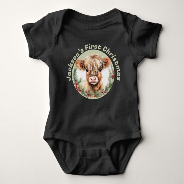Personalized “Baby’s First Christmas” Baby Highlan Baby Bodysuit (Front)
