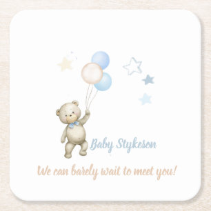 Personalized Baby Shower Coasters Teddy Bear Blue