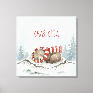 Personalized Baby Wall Art, Sleeping Bear Nursery Canvas Print