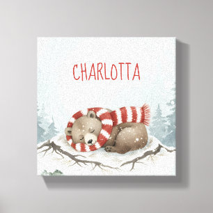 Personalized Baby Wall Art, Sleeping Bear Nursery Canvas Print