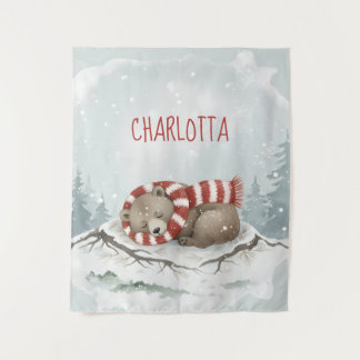 Personalized Baby Wall Art, Sleeping Bear Nursery Tapestry