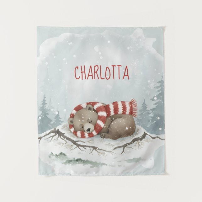 Personalized Baby Wall Art, Sleeping Bear Nursery  Tapestry (Front)