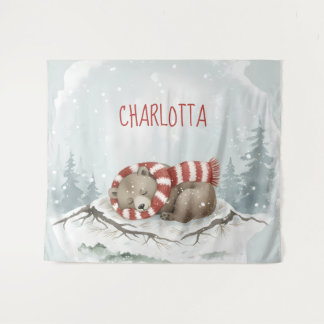 Personalized Baby Wall Art, Sleeping Bear Nursery Tapestry