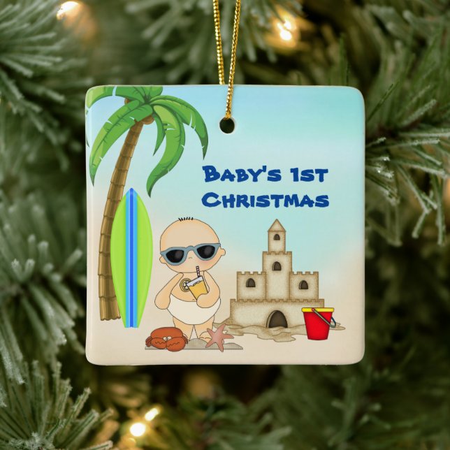 Personalized Baby's 1st Christmas Boy's Beach Ceramic Ornament (Tree)