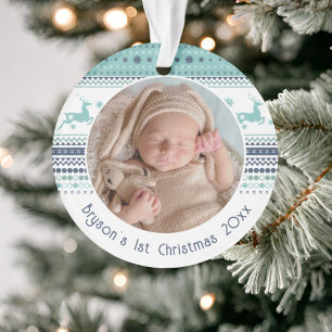Personalized Baby's First Christmas Blue Reindeer Ornament