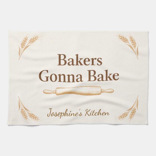 Personalized Bakers Gonna Bake Wheat Rolling Pin  Tea Towel (Horizontal)
